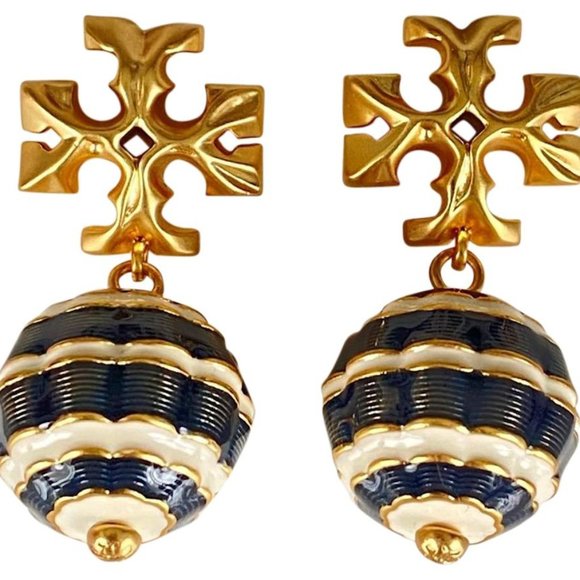 Tory Burch Jewelry - Auth NEW Tory Burch Navy New Roxanne Small Drop Stripe Earrings w/Card/Bag $168